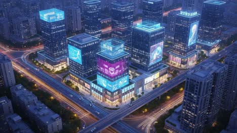 aerial view of a modern urban complex featuring vibrant led billboards and flowing traffic, showcasing the dynamic nightlife and architectural marvel of the cityscape