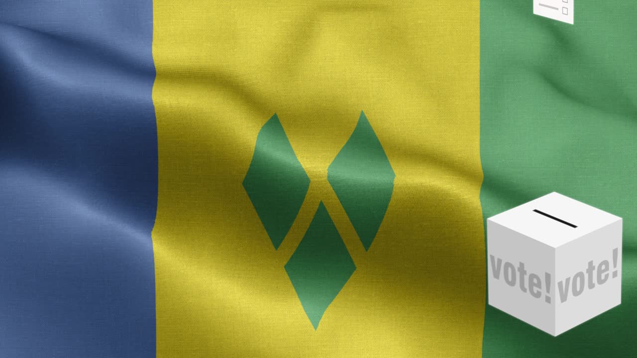 Ballots fly to box for Saint Vincent selection - Ballot box in front of flag - Flag Of Saint Vincent and the Grenadines - Saint Vincent and the Grenadines Flag High Detail - National flag Saint Vincent and the Grenadines wave Pattern loopable Elements