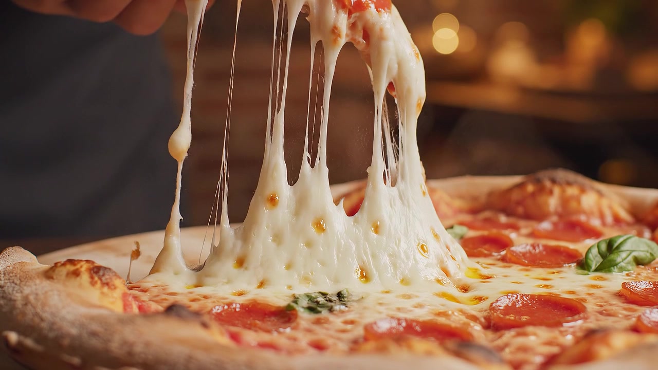 Una mano che prende una fetta di pizza al formaggio e pepperoni