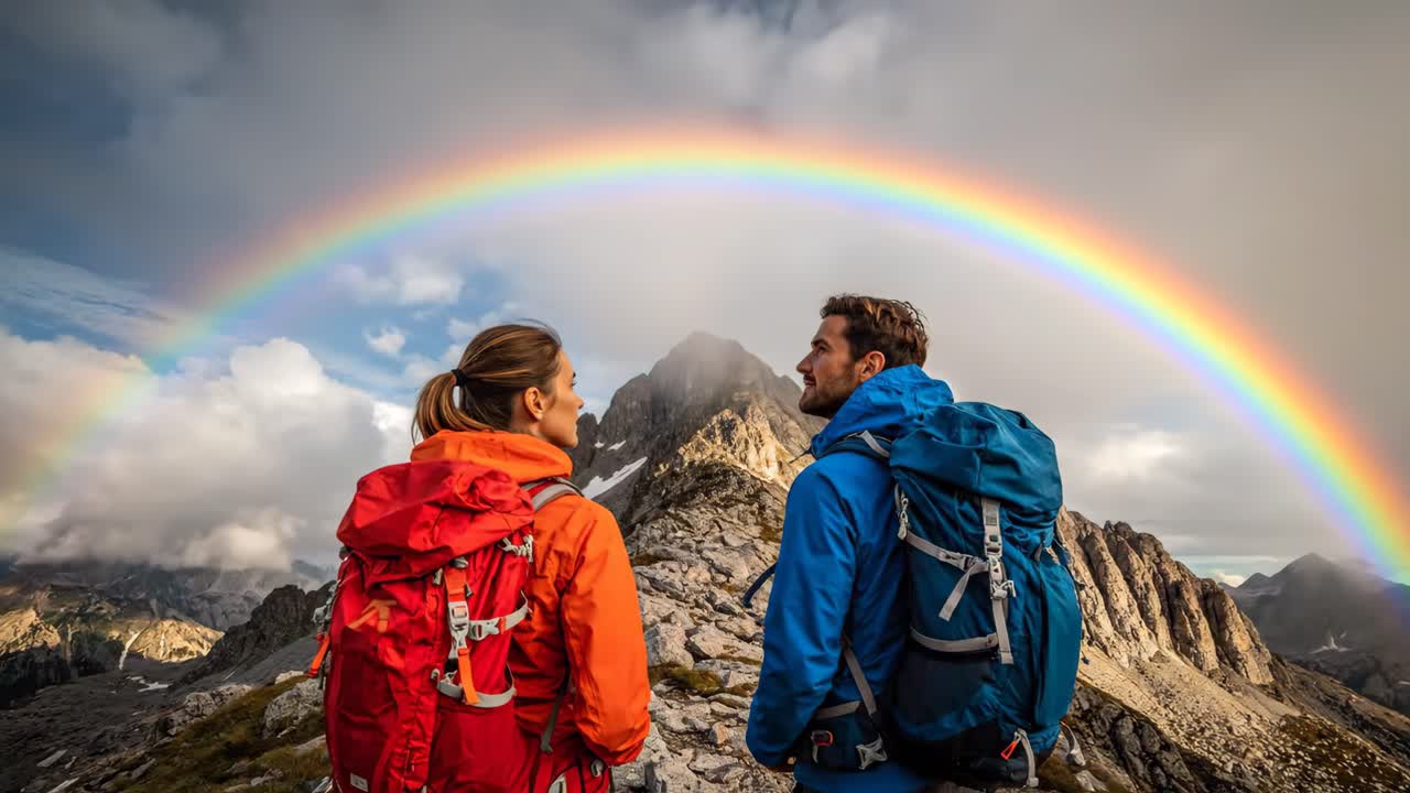 Couple Hiking in the Mountains with a Rainbow