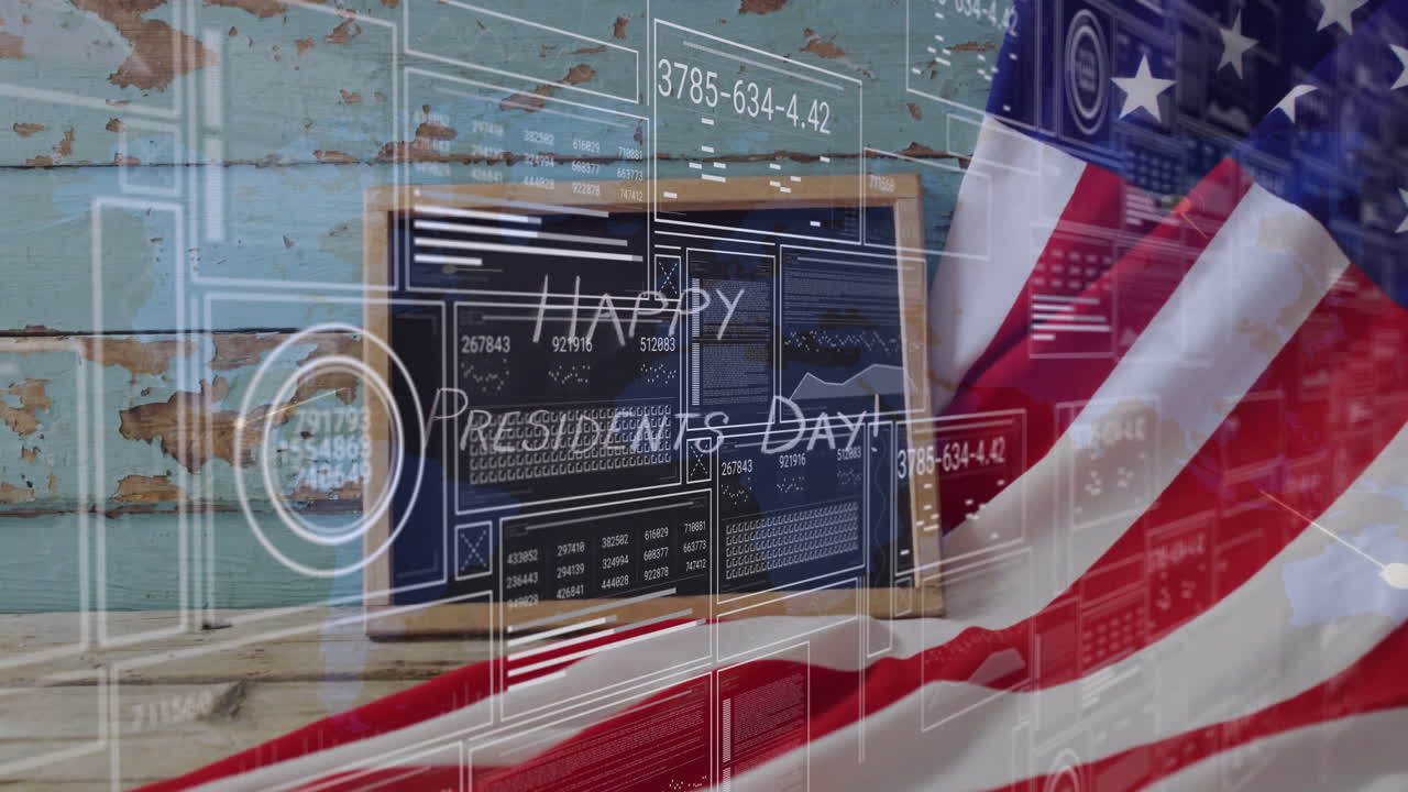 Animation of American flag with digital data graphics for Presidents Day celebration