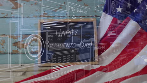 animation of american flag with digital data graphics for presidents day celebration