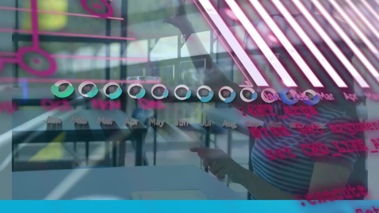 Animation of data processing over biracial businesswoman in office