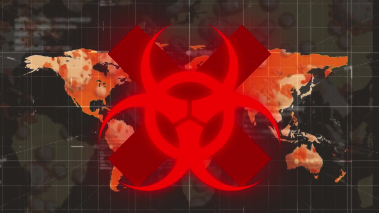 검은색 배경 에 있는 경고 표지판 위 에 있는 세계 지도 의 애니메이션