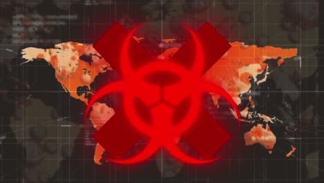 animación del mapa del mundo sobre un letrero de advertencia sobre fondo negro