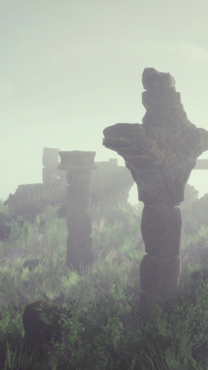 Tall stone structures rise from the ground in a foggy area