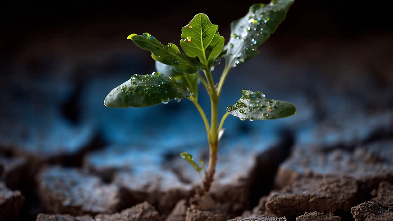 Tiny green sprout breaks through cracked, dry earth. Water droplets gleam on fresh, tender leaves. Drought's harshness contrasts with life's fragile resilience
