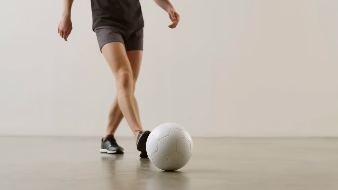 Kaki Close-up Mengontrol Bola Sepak di Studio Minimalis, Pemain Berlatih Dribbling Ketat dan Olah Kaki