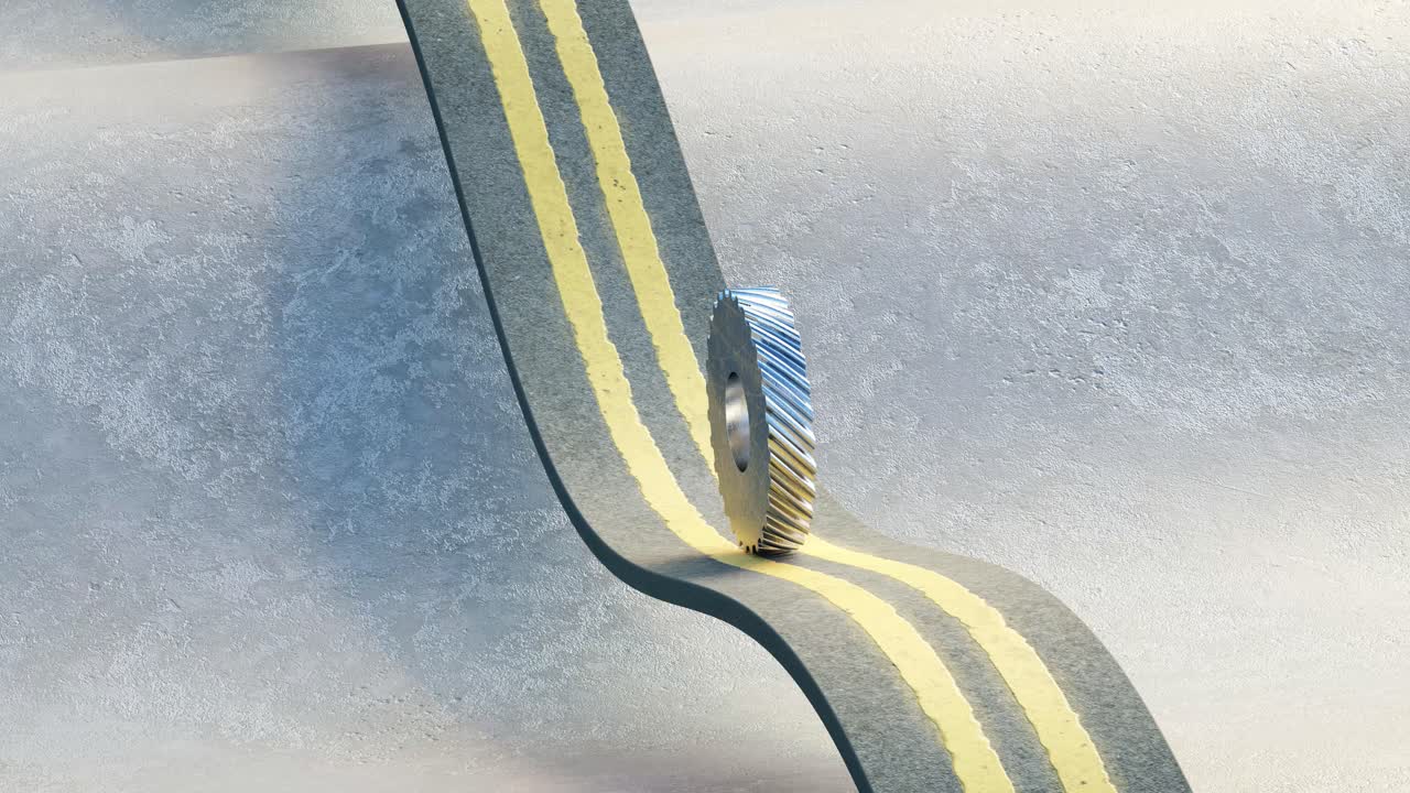 Satisfying looped animation of gear rolling on asphalt road. Realistic animation render