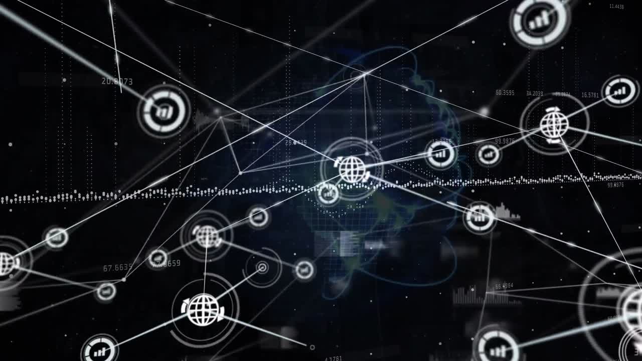 Animation of network of digital icons and data processing against light trails over spinning globe