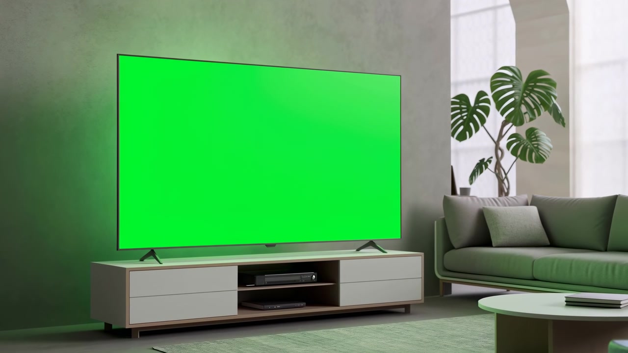 Modern Living Room Green Screen Tv Showcasing Empty Display For Content Mockup, Sleek Sofa And Monstera Plant