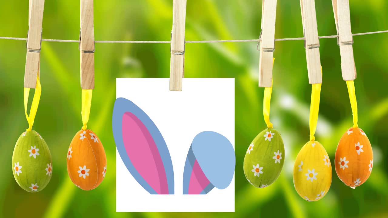 ⁇  종이 에 있는 토끼 귀 와 세탁 라인 에 있는  ⁇  을 가진 다채로운 부활절 달 ⁇  의 애니메이션