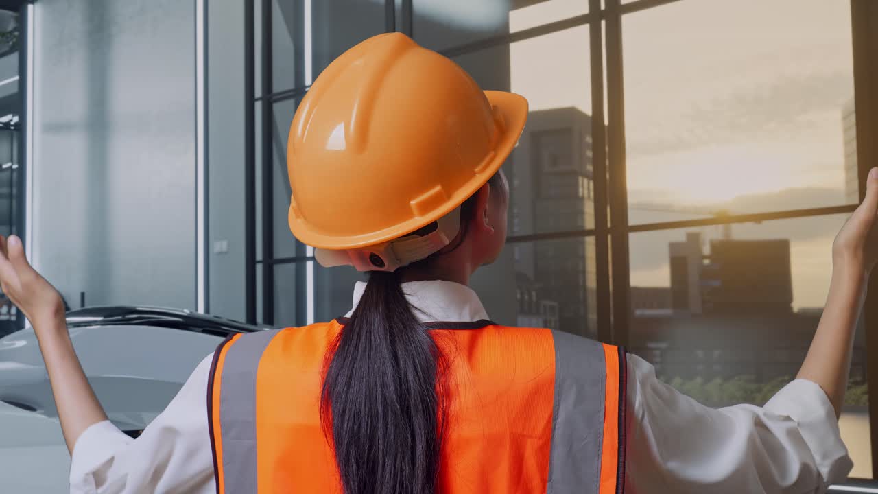 ingeniero mirando la vista de la ciudad desde una oficina moderna.