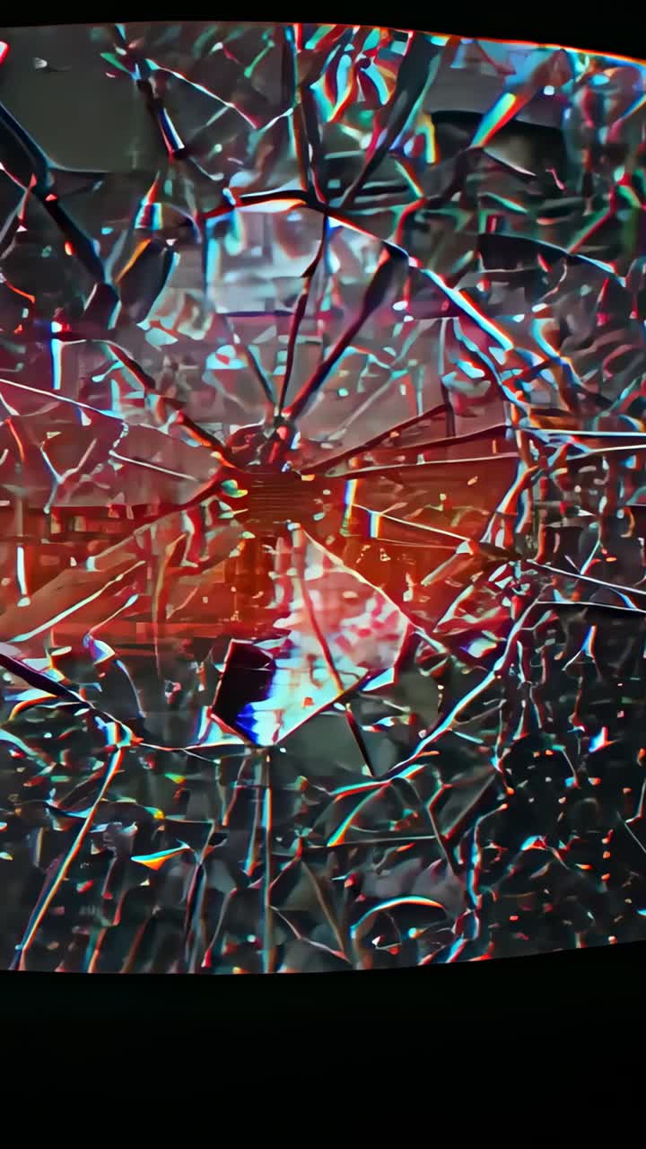 Vertical video: Appearing magenta light bathing shattered glass panel near shelf, with glitch lines