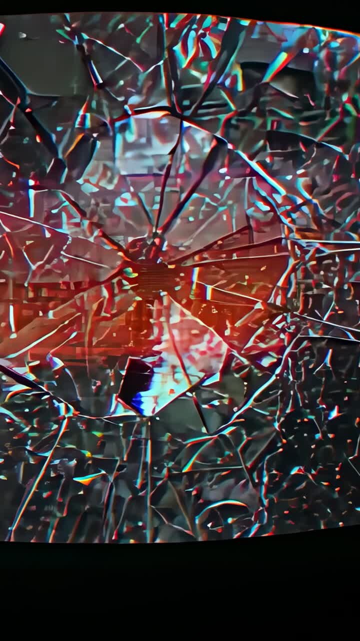 Vertical video: Appearing magenta light bathing shattered glass panel near shelf, with glitch lines
