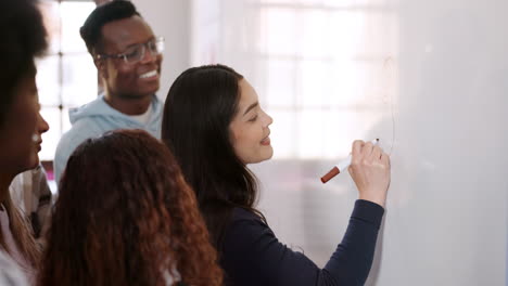 young people, writing and teamwork on whiteboard