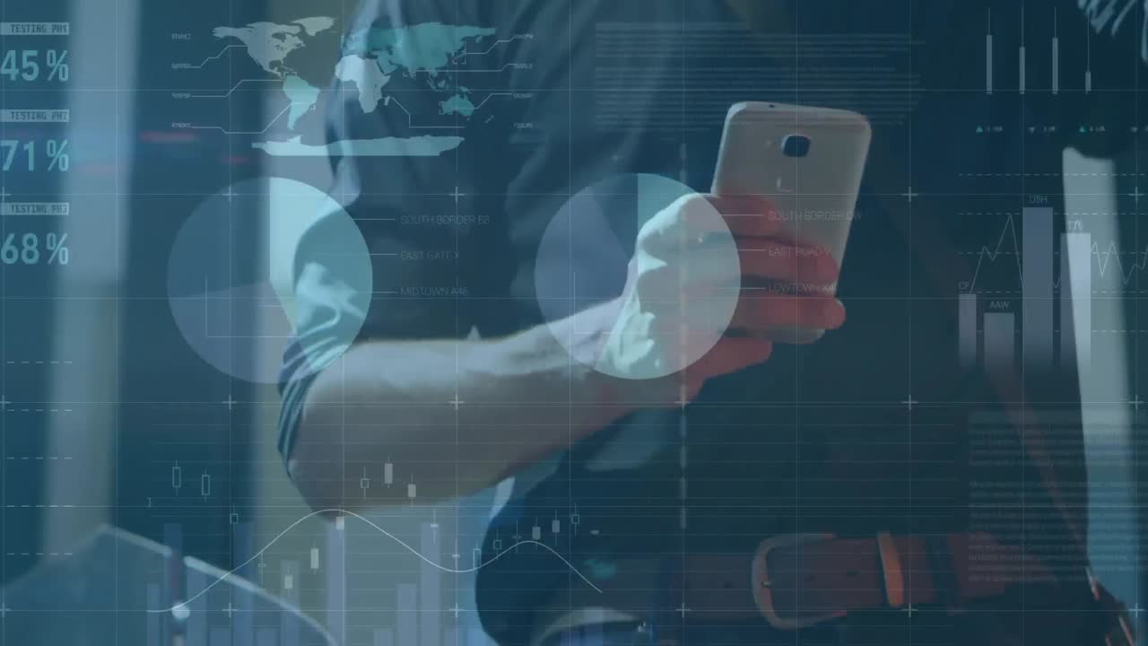 스마트 폰을 사용하는 사업가에 대한 통계 및 데이터 처리 애니메이션