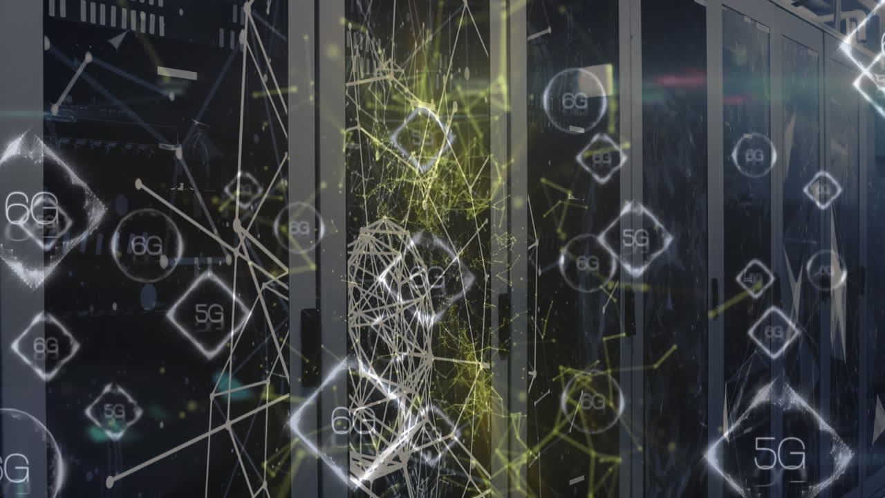 Animation of data processing and 6g text over computer servers