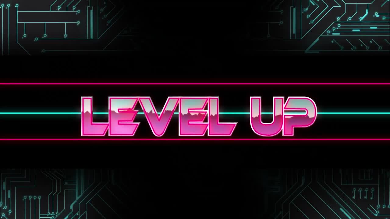 animación de nivel sobre líneas de neón y placa de circuitos de computadora.