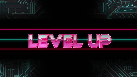 animation of level up over neon lines and computer circuit board