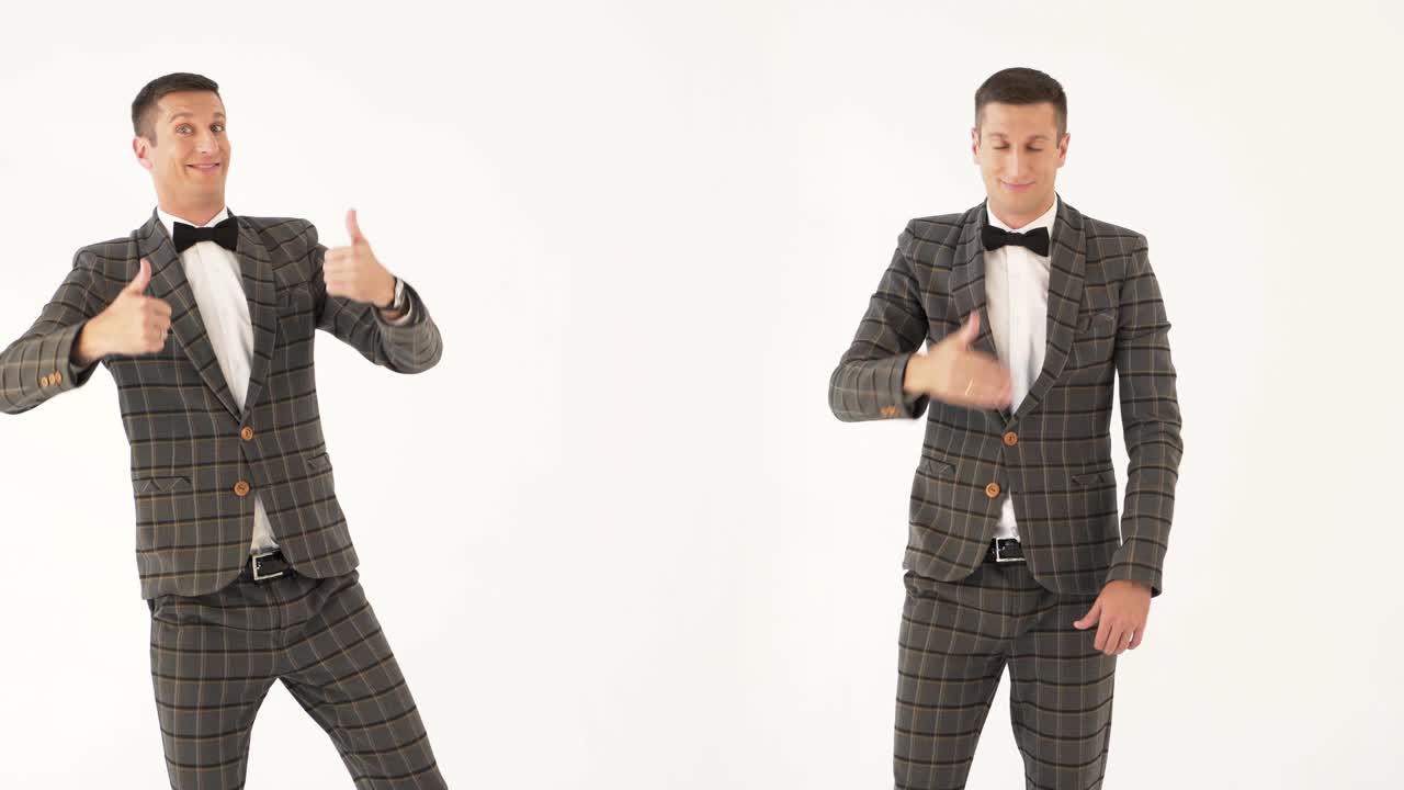 two similar men are showing image of different people with different emotions on a white background in the studio. 2K compilation (montage)