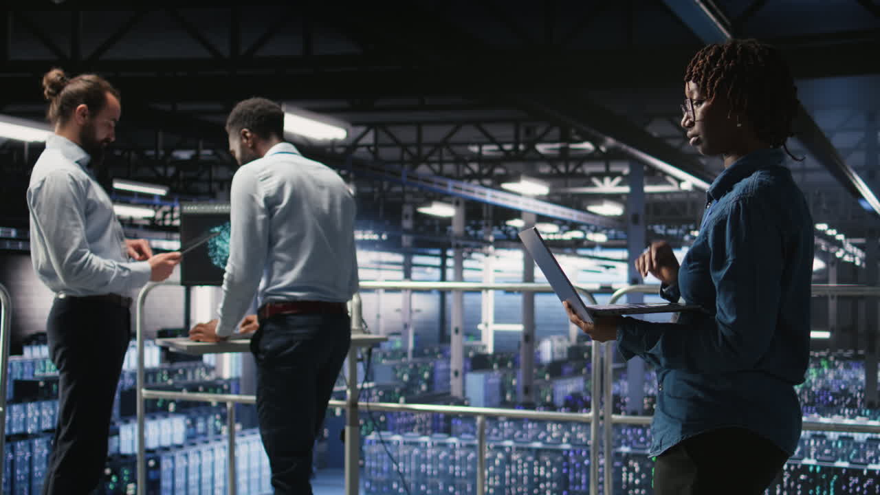 Data center teamworking colleagues running diagnostics on equipment