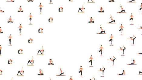 yoga exercise in nature. collection of female cartoon character demonstrating various yoga position. colorful flat loop animation. relax and meditate.