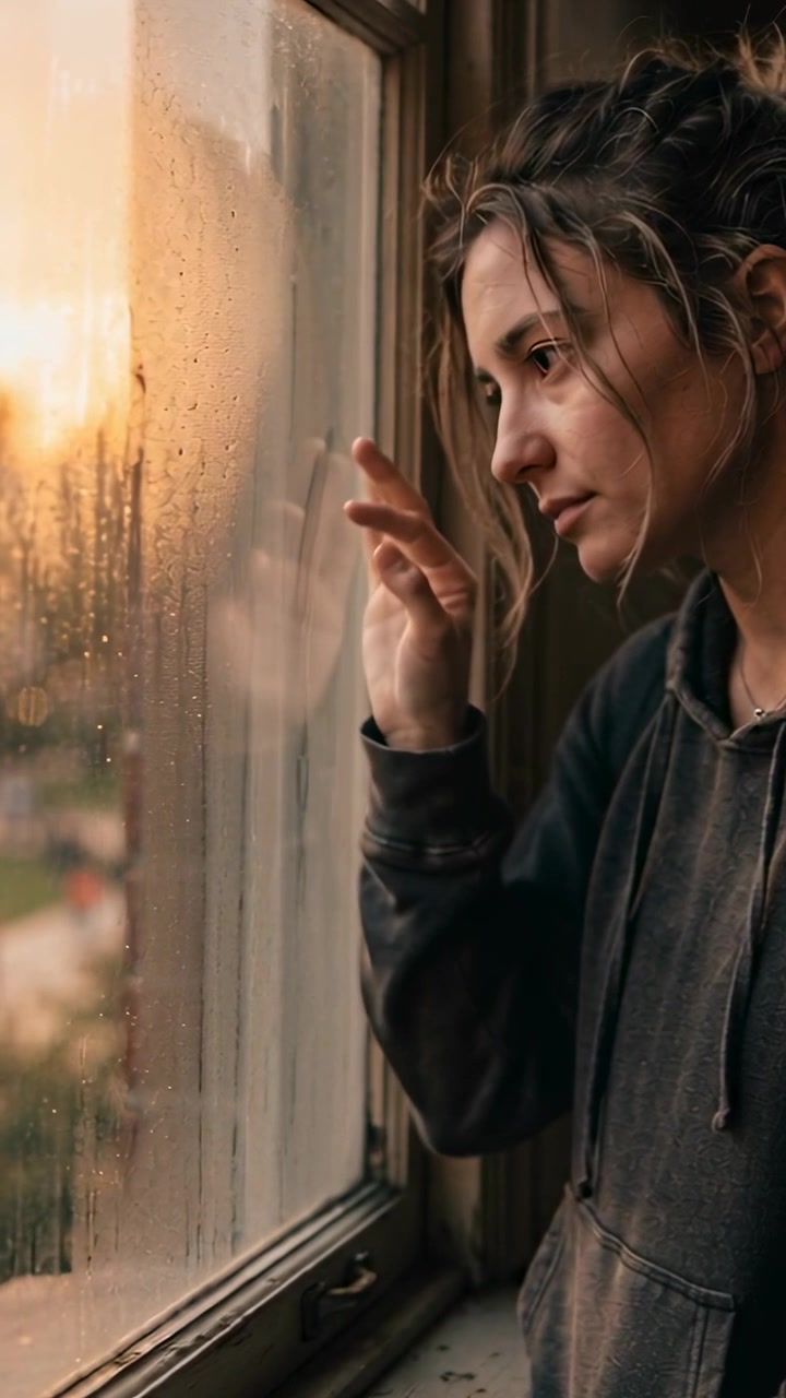 Video verticale: Donna appoggiata con felpa con cappuccio che traccia gocce sul vetro in una stanza, guardando il tramonto, con spazio per il testo