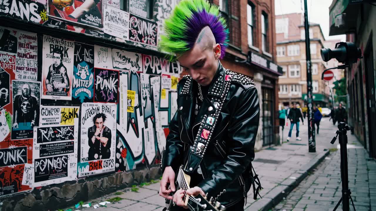 Low-angle video of a punk musician with vibrant hair, playing guitar in an urban alley