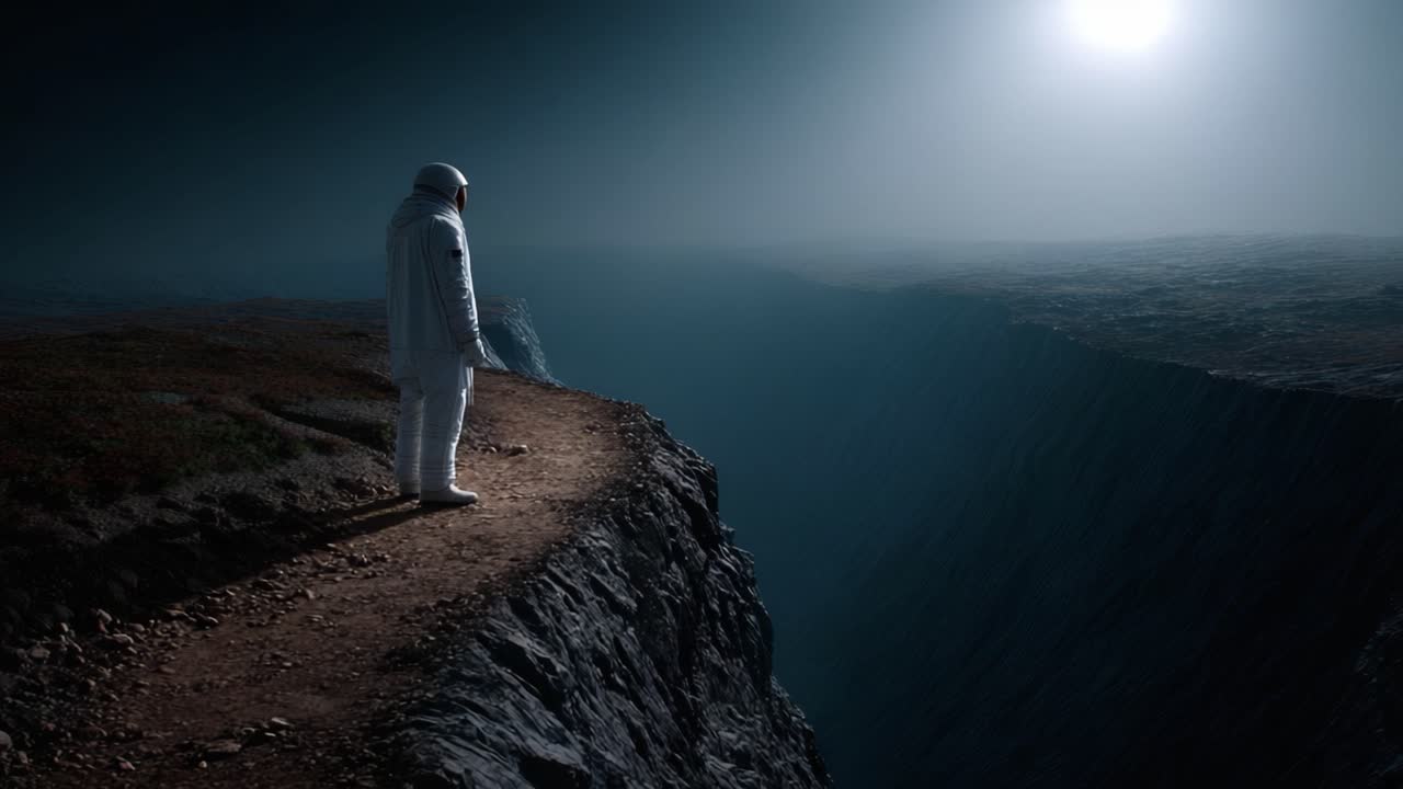 Uzay giysisi içindeki bir astronot, sürreal bir manzarada uzak bir gök cismi tarafından aydınlatılan, bilinmeyen enginliğe bakarak devasa bir uçurumun kenarında duruyor