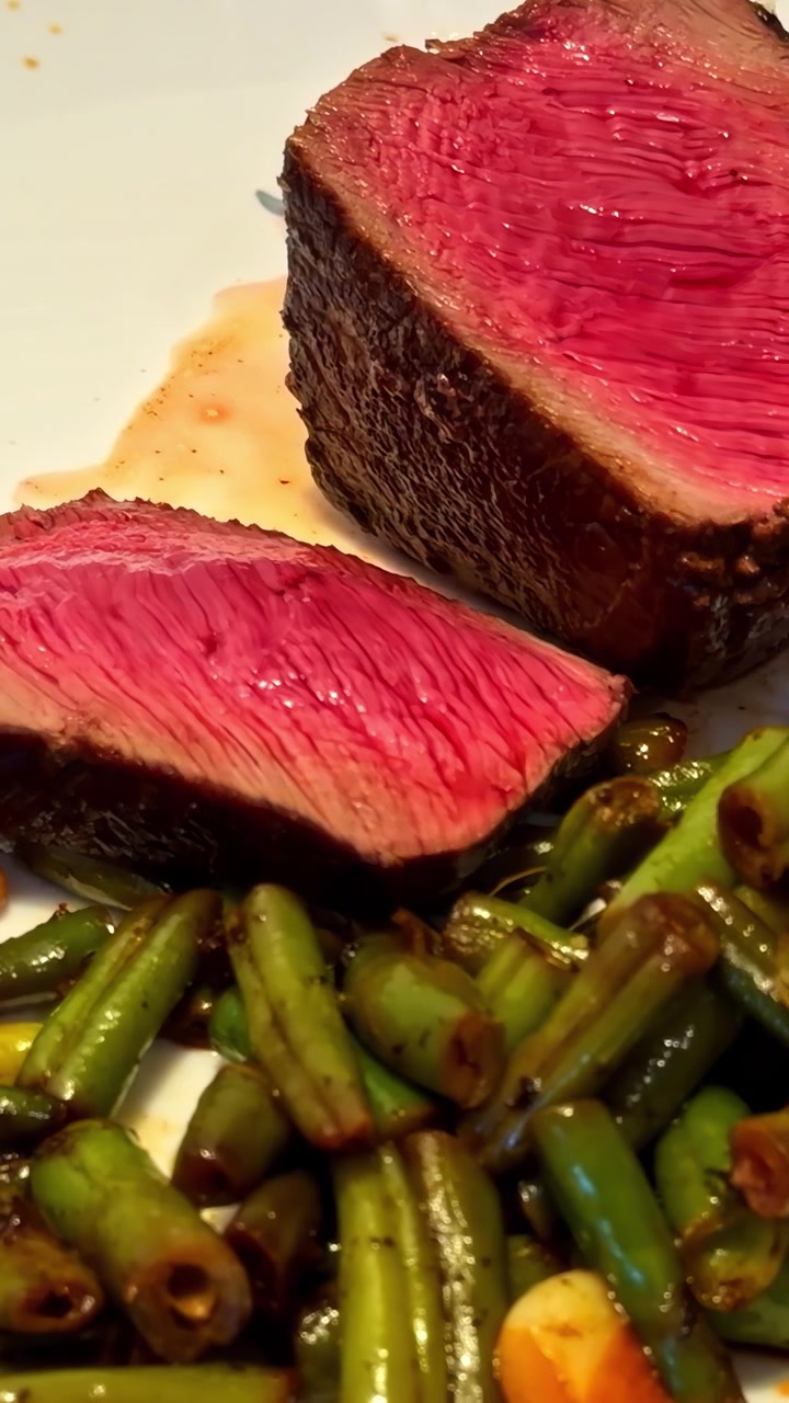Bistecca tagliata al sangue servita con fagiolini su un piatto bianco, panoramica verticale.