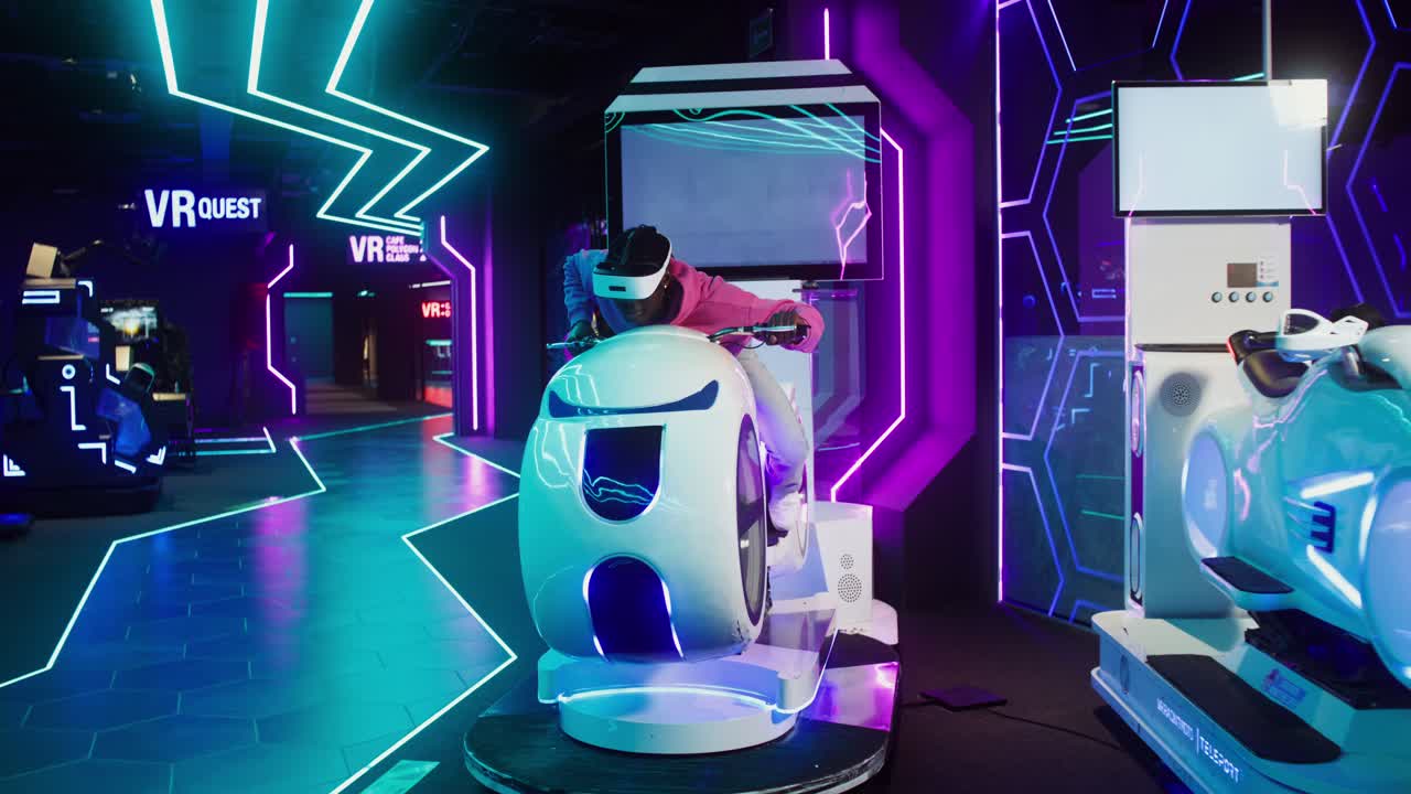 Virtual Reality Gaming Arcade with Futuristic Neon Lights