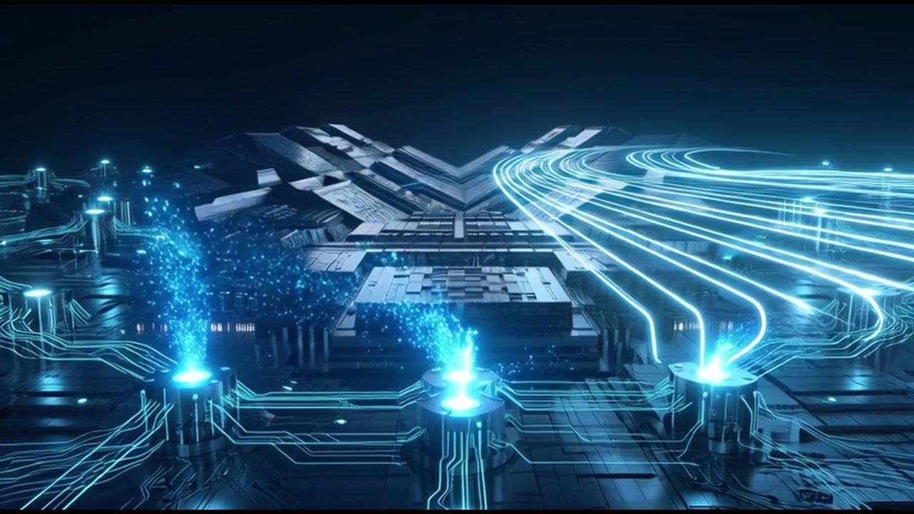Digital Circuit Board with Glowing Data Streams and Particle Effects
