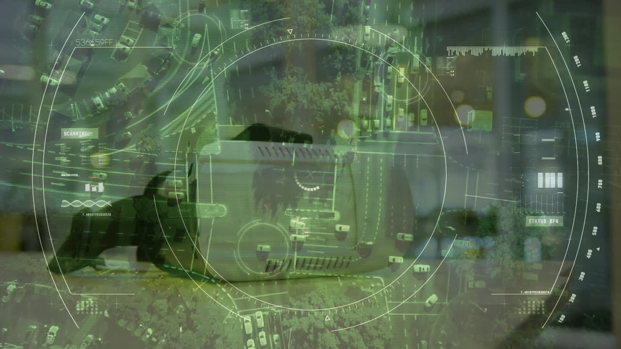 animación de procesamiento de datos y auriculares vr sobre el paisaje urbano