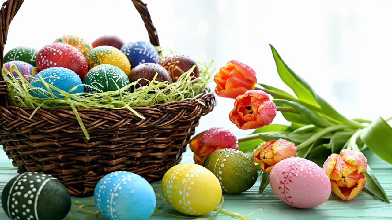 Easter basket with colorful eggs and tulips