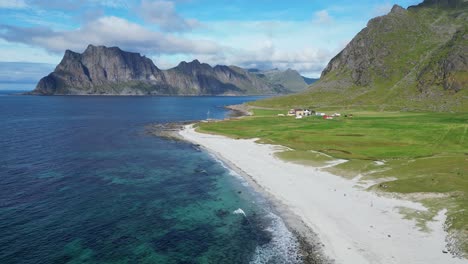 lofoten islands uttakleiv beach in norway, scandinavia - aerial pedestal
