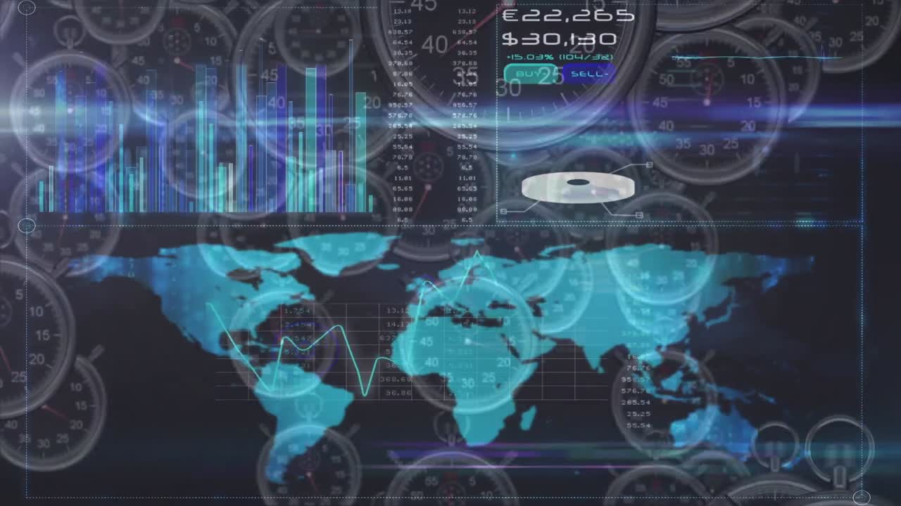 Animation of data processing and world map over multiple clocks moving fast