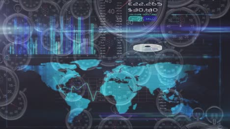 Animación-Del-Procesamiento-De-Datos-Y-Mapa-Mundial-En-Múltiples-Relojes-Que-Se-Mueven-Rápidamente