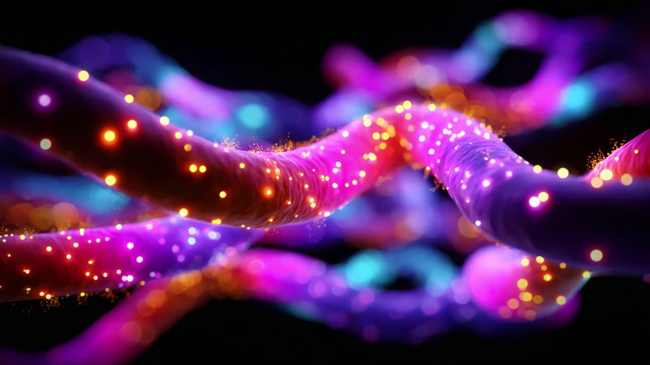 Captivating Visualization of Intertwined Strands with Vibrant Illuminations and Dynamic Color Gradients, Creating an Enchanting Display of Light and Form in a Dark Background Setting