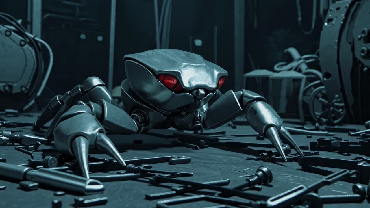 Metallic Crab-like Robot in a Dark Industrial Setting