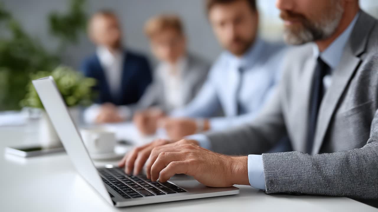 Focused Business Meeting Scene Featuring Professional Individuals Engaged in Discussion with Laptops at a Modern Workplace Setting