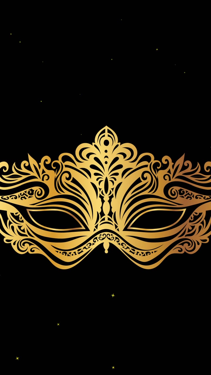 Animazione di maschera veneziana dorata su stelle bianche in movimento su sfondo nero