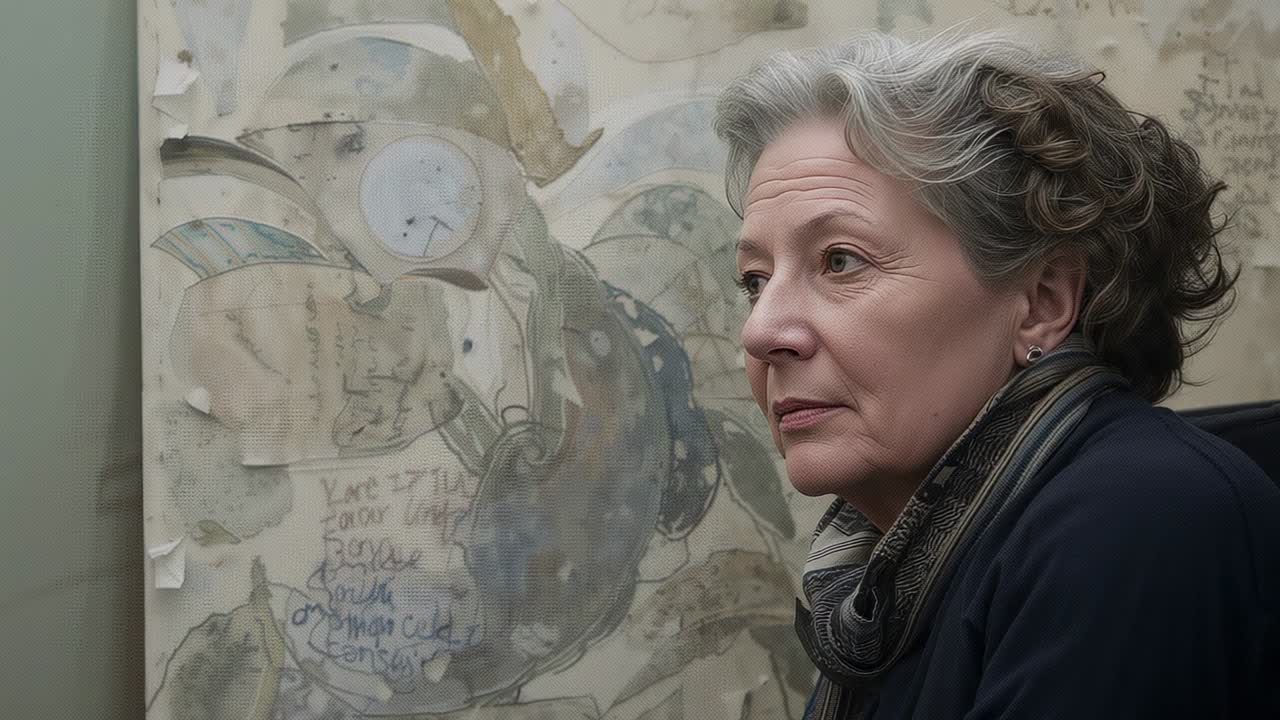 Camera starting, senior woman studying abstract canvas in art gallery, reflecting without overlays