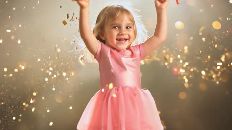 una niña pequeña sonríe y ríe con confeti cayendo a su alrededor