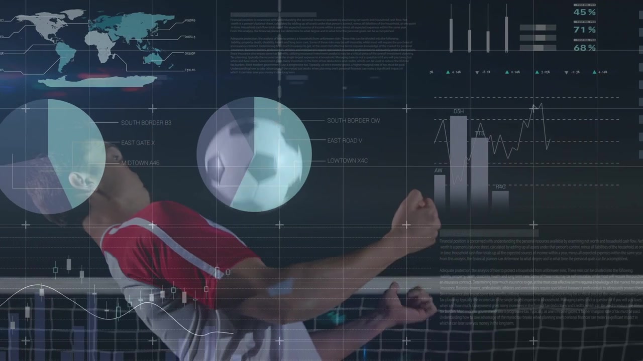 Animation of graphs and data over caucasian soccer player at stadium