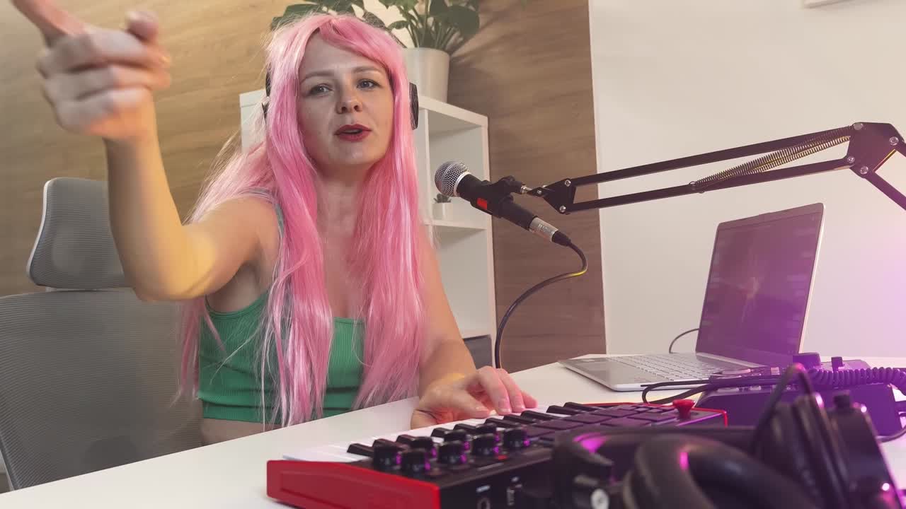 mujer cantando o grabando música en un estudio casero