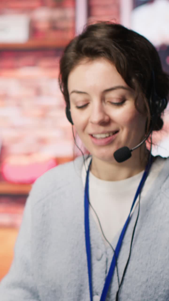 Vertical video Teamworking cheerful call center agents tracking shipments in office