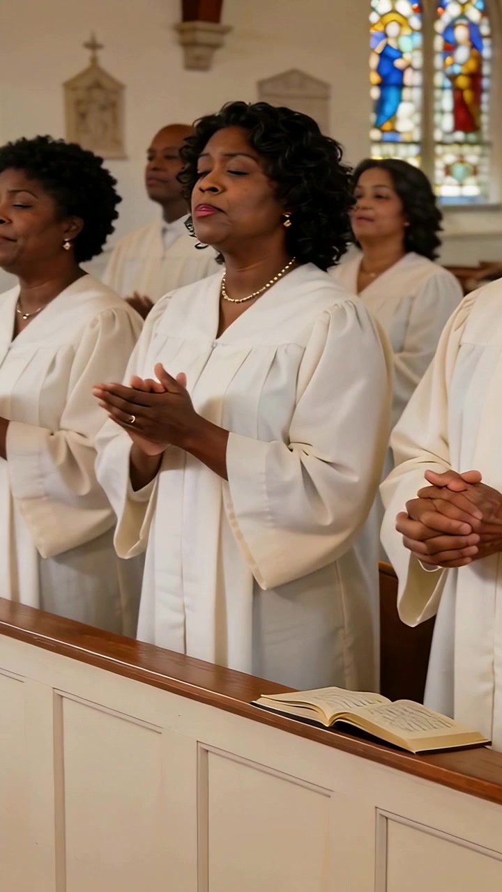 Vertical video: Singing front choir in church as hymn starts, in robes and clapping, hymnal on pew