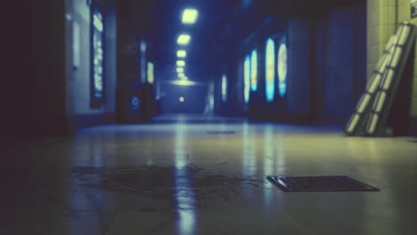 empty corridor with fluorescent lights illuminating wet floor at night