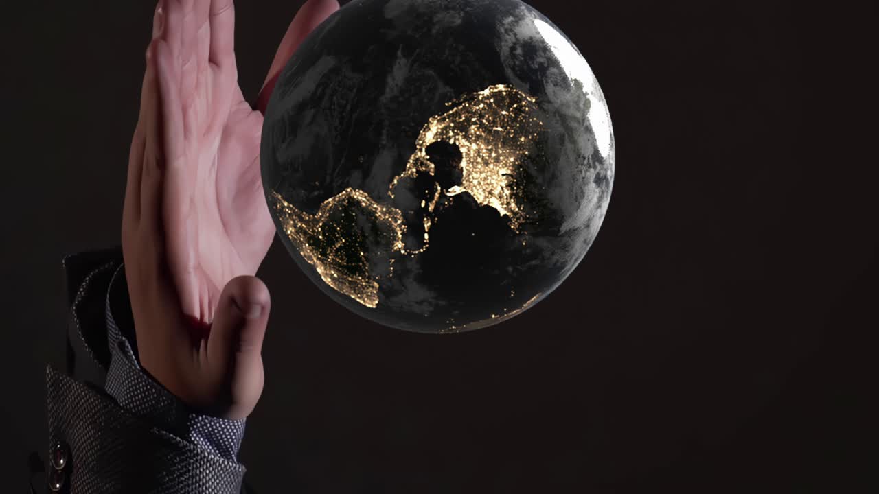 вертикальный глобус планеты земля освещенный ночью вращается над ладонью руки, творения богов религия робот концепция искусственного интеллекта